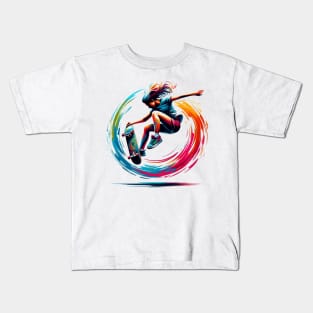 Skatergirl in a spiral of color Kids T-Shirt